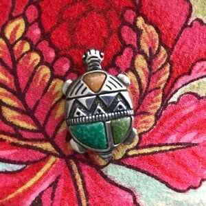 Vintage Carolyn Pollack Native American Silver & Turquoise Turtle Brooch